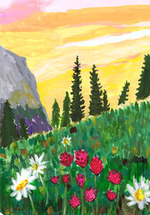 A flowering mountain meadow at sunset. Children's drawing