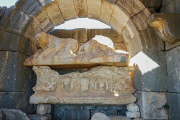right 2nd second one demircili imbrigon cilicia mausoleum inside tombstone motif lion, roman script...