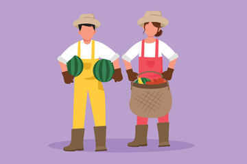 Cartoon flat drawing couple farmers carrying basket full of bananas, apples, watermelons. Picking fresh fruit from harvest. Success farmer with organic natural crop. Graphic design vector illustration