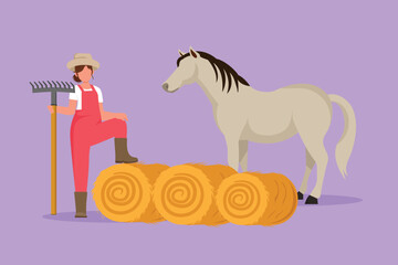 Character flat drawing rancher working in farmyard. Female farmer feeding horse with hay. Livestock technician working with pitchfork, harvesting food for stallion. Cartoon design vector illustration