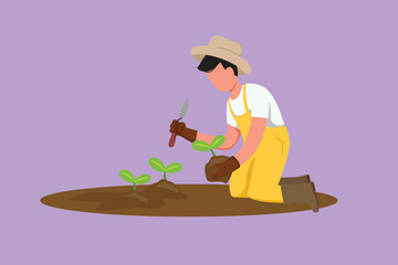 Cartoon flat style drawing of happy young male farmer planting plant shoots in the ground. Start the planting tree period. Success farmer with organic natural crop. Graphic design vector illustration