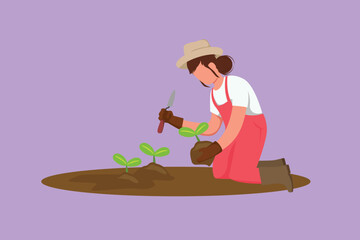 Graphic flat design drawing happy young female farmer planting plant shoots in the ground. Start the planting tree period. Success farmer with organic natural crop. Cartoon style vector illustration