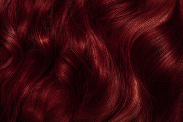 Dark red hair close-up as a background. Women's long brown hair. Beautifully styled wavy shiny curls. Coloring hair with bright shades. Hairdressing procedures, extension.