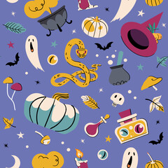 Halloween vector seamless pattern with pumpkin, witch hat, magic potion bottle, snake, mushroom. Spooky illustration on purple background for wallpaper, paper, textile