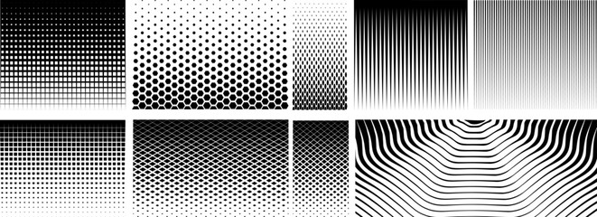 Collection of vector halftone backgrounds. Pop art template for your design. Wavy dotted pattern with halftone effect