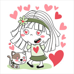 illustration of a girl in love with her cat