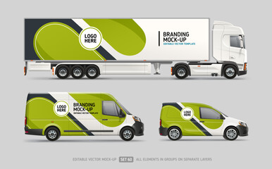 Branding and corporate identity on Van, Company car and Truck mockup set. Abstract graphics of green and black stripes for business background. Branding vehicle. Editable vector template