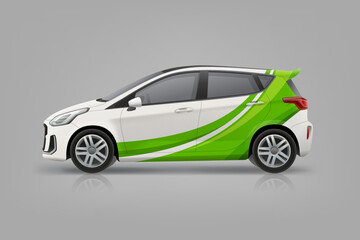 Branding livery on Company Car mockup for corporate identity design. Abstract green graphics Wrap, sticker and decal design for services van and racing car