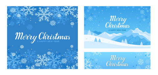 Naklejka na ściany i meble Set of Christmas holiday cards. Winter backgrounds with snowflakes and snow landscape.