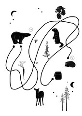 Black labyrinth with wildlife black animals like bear,  hedgehog. A4 size poster drawing illustration for nursery kids, baby decor