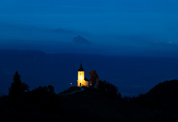 The Church of St. Primož and Felicijan, Slovenia, night and blue hour photo