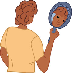 a young guy looks in the mirror, expressing acceptance of his appearance. Positive man admiring his face bodypositive