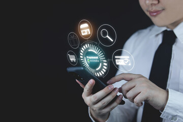 payment successful.  Concept of online marketing, convenience of online banking, online shop, shopping. Men pay for purchases via mobile with online banking applications.