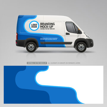 Company Van mockup with blue branding wrap design. Sticker and decal design for company. Abstract blue graphics on corporate vehicle. Brand advertising livery on company Car. Editable vector