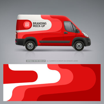 Company Van mockup with red branding wrap design. Sticker and decal design for company. Abstract red stripes graphics on corporate vehicle. Brand advertising livery on company Car. Editable vector