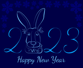 Greeting Card for Happy New Year 2023. Image of the symbol of the year - a hare drawn with one line and a set of beautiful snowflakes on the dark blue background. Vector illustration