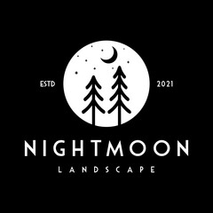 night moon landscape with pine tree icon logo design template vector