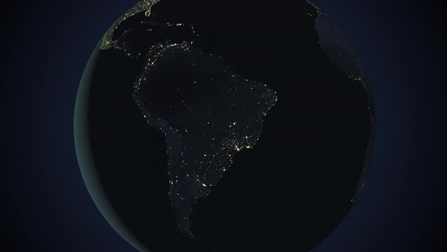 Seamless looping animation of the earth at night zooming in to the 3d map of Paraguay with the capital and the biggest cites in 4K resolution