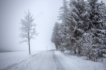 snow covered road in winter at black forest Germany