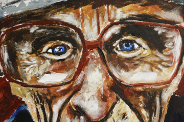 An old man in big glasses with sad blue eyes. Modern oil painting.