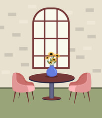 Modern Cafe Interior with pink chairs and wooden table. Empty No People vector illustration in flat style. 
