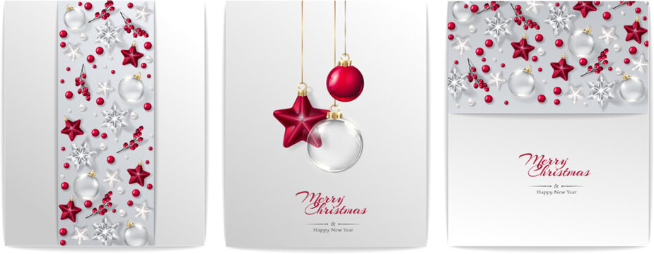 Christmas decorative border and background made of festive decoration elements. New Year concept. White and red color
