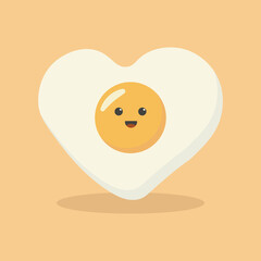 Cute cartoon character design of heart shape fried egg vector illustration isolated on yellow background. Happy cute smiling funny kawaii fried egg