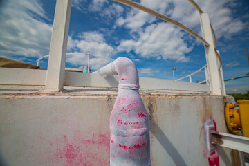 Process color red paint weld cleaning white developer at the with carbon pipeline fire water spay ring