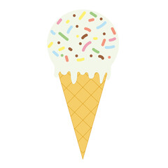 simple flat white ice cream with colored candies in waffle cone