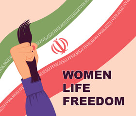 Iranian woman holding hand up with cut hair. Banner design with national Iranian flag on background. Freedom to women in Iran. Protest concept. Union, straggle and feminism movement