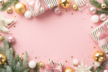 Christmas concept. Top view photo of gift boxes pine branches in snow stylish baubles snowflake sledge ice skates ornaments and confetti on isolated light pink background with copyspace in the middle
