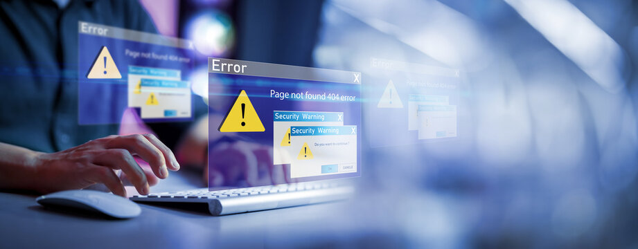 Businessman using computer laptop with triangle caution warning sing , Http 404 error not found page template concept. Server Not Found Error Danger Caution Warning Concept. 404 Error Page Not Found.