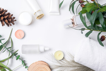moisturizing cream bottle over leaf background studio, packing and skincare beauty concept.