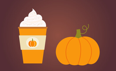 Pumpkin spice latte coffee in a cup and the pumpkin fruit. Autumn hot beverage.