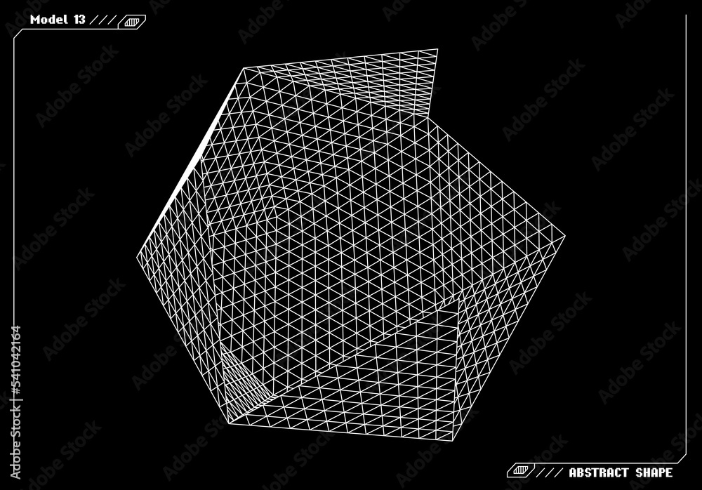 Poster Abstract 3d wireframe shape or basic element with open edge. Science and technology geometric abstraction with deformed shape.