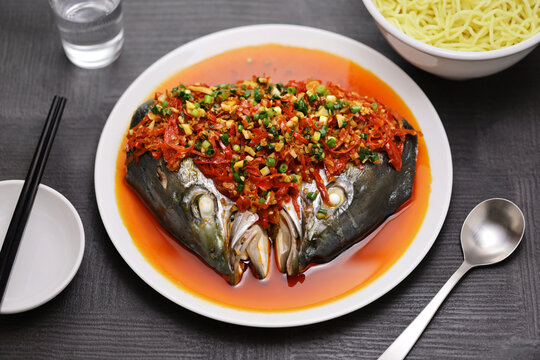 steamed fish head with chopped hot red peppers, Chinese Hunan cuisine
