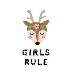 Illustration with deer face and lettering.