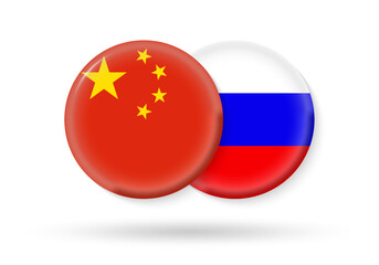 China and Russia circle flags. 3d icon. Round Chinese and Russian national symbols. Vector illustration.