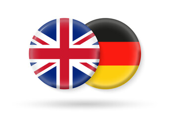 Obraz premium UK and Germany circle flags. 3d icon. Round British and German national symbols. Vector illustration.