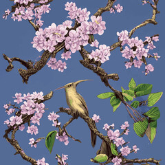 Beautiful seamless vector pattern with flowering trees and birds, tree, spring wallpaper, branches, leaves and various flowers, isolated background
