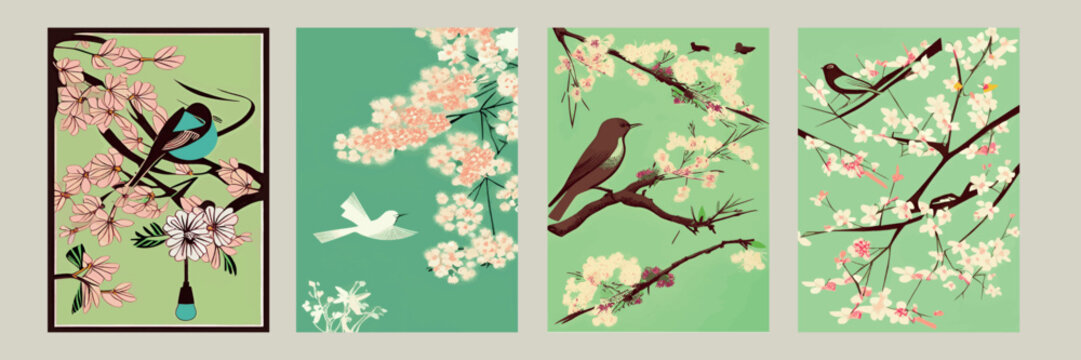 Beautiful seamless vector pattern with flowering trees and birds, tree, spring wallpaper, branches, leaves and various flowers, isolated background
