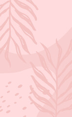 Fototapeta na wymiar Organic abstract background. Foliage and plant elements in trendy minimal design. Soft pink.