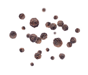 Pepper seeds in a random position in the air on a white background