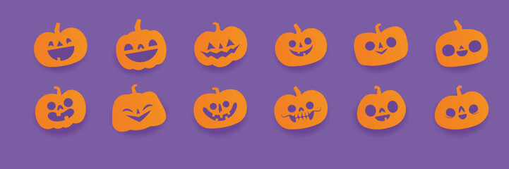 Halloween carved pumpkins. Jack O lantern flat icons.