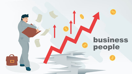 A business man with a folder of documents stands next to a graph leading across the abyss to the top to well being a flat style illustration on the topic of business