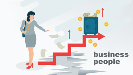 A business woman stands next to a graph leading across the abyss to a safe with money an illustration in the style of a flat on the topic of business