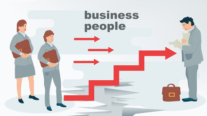 a girl and a guy are standing in line at the bridge over the abyss in the form of a graphic illustration in the flat style on the topic of business