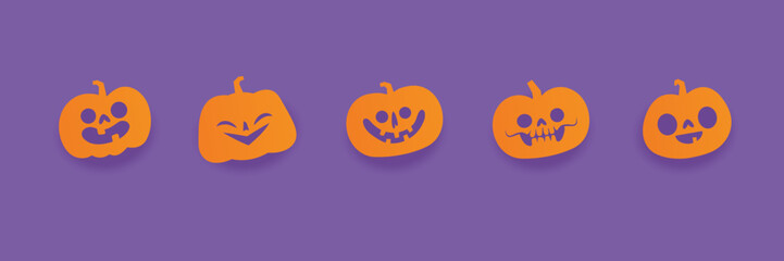 Halloween carved pumpkins. Jack O lantern flat icons.