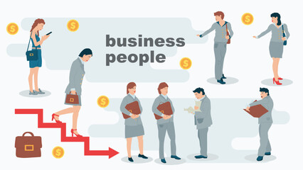 illustration of characters in business suits in different poses men and women business people in the flat style