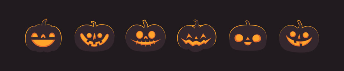 Set of carved halloween pumpkins. Jack o Lantern glowing inside with smile for your design for the holiday. Cute and fun vector illustration.